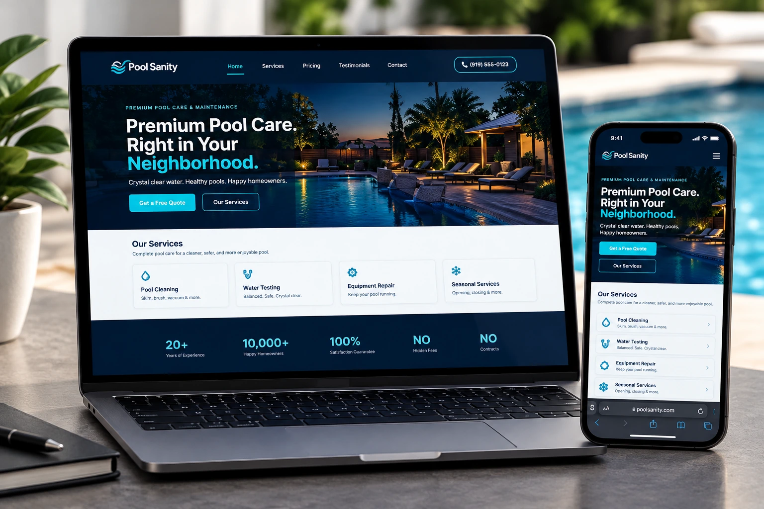 Pool Sanity website displayed on a laptop and mobile phone beside a swimming pool